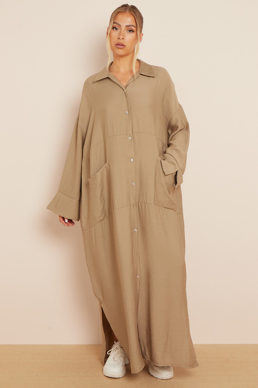 Tan Long Sleeve Pocket Shirt Maxi Dress