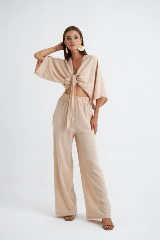 Beige Knot Blouse Co Ord