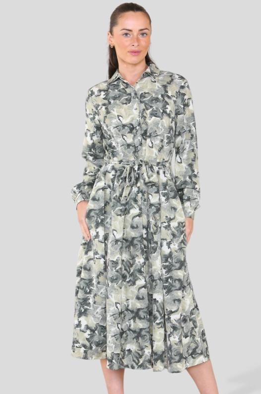 Floral Abstract Belted Midi Shirt Dress