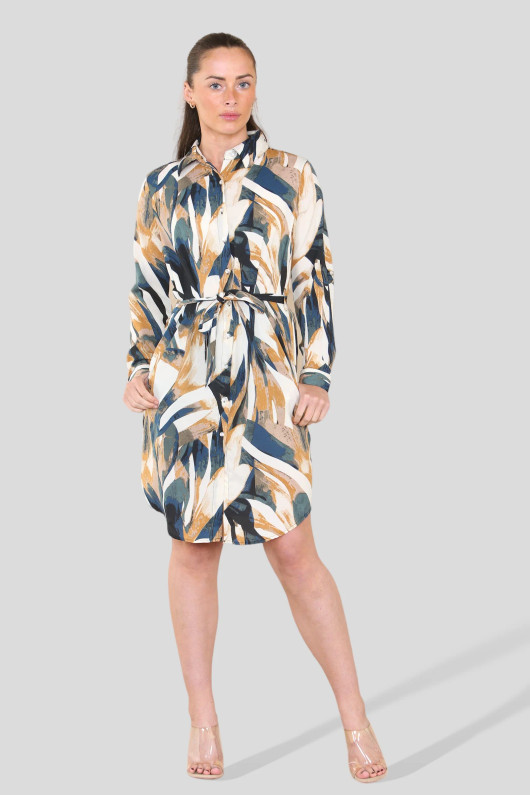 Mustard Abstract Print Belted Mini Shirt Dress