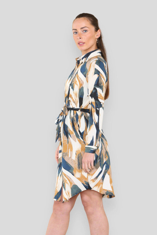 Mustard Abstract Print Belted Mini Shirt Dress