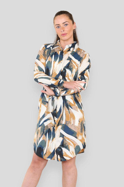 Mustard Abstract Print Belted Mini Shirt Dress