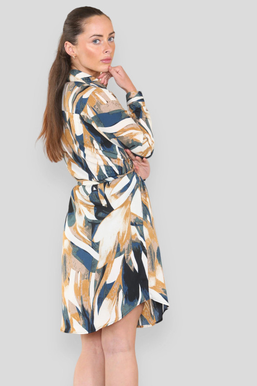 Mustard Abstract Print Belted Mini Shirt Dress