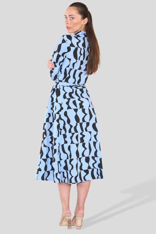 Blue Geometric Print Midi Shirt Dress