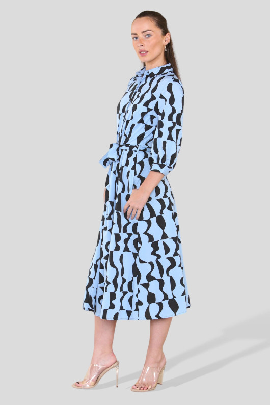 Blue Geometric Print Midi Shirt Dress