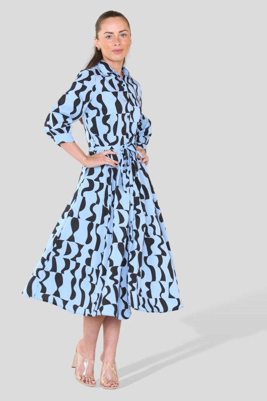 Blue Geometric Print Midi Shirt Dress