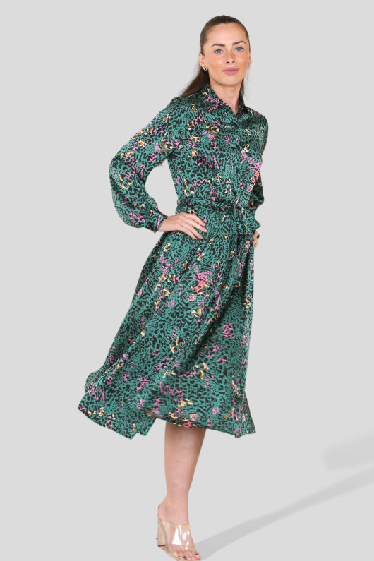 Teal Leopard Print Belted Midi Shirt Dress