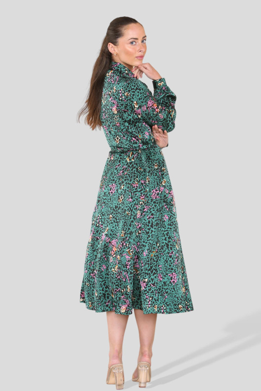 Teal Leopard Print Belted Midi Shirt Dress