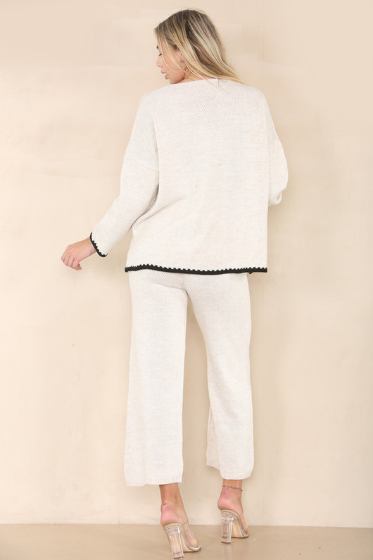 Beige Contrast Stitch Detail Cardigan Co Ord