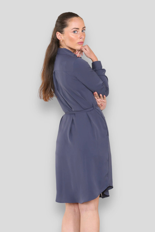 Grey Tie Waist Buttoned Mini Shirt Dress