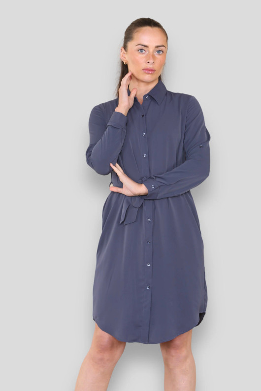 Grey Tie Waist Buttoned Mini Shirt Dress