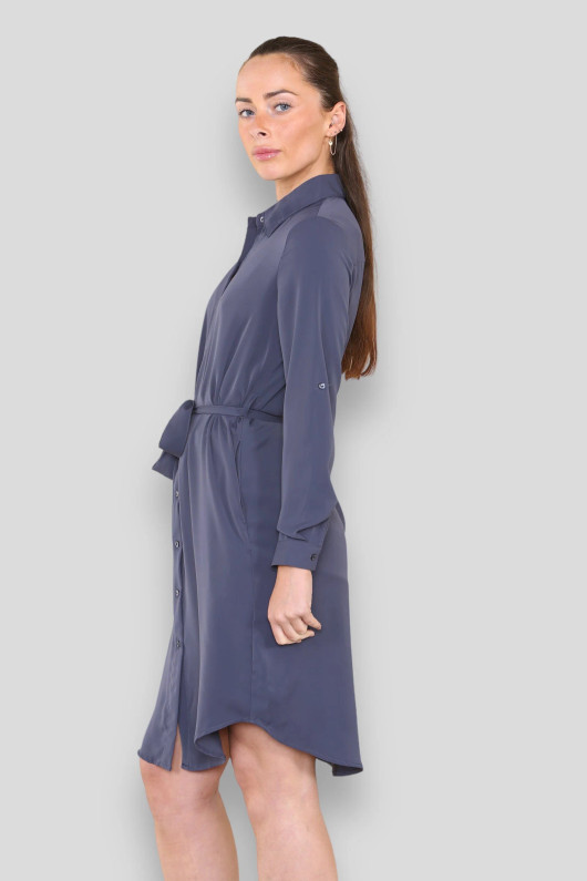 Grey Tie Waist Buttoned Mini Shirt Dress