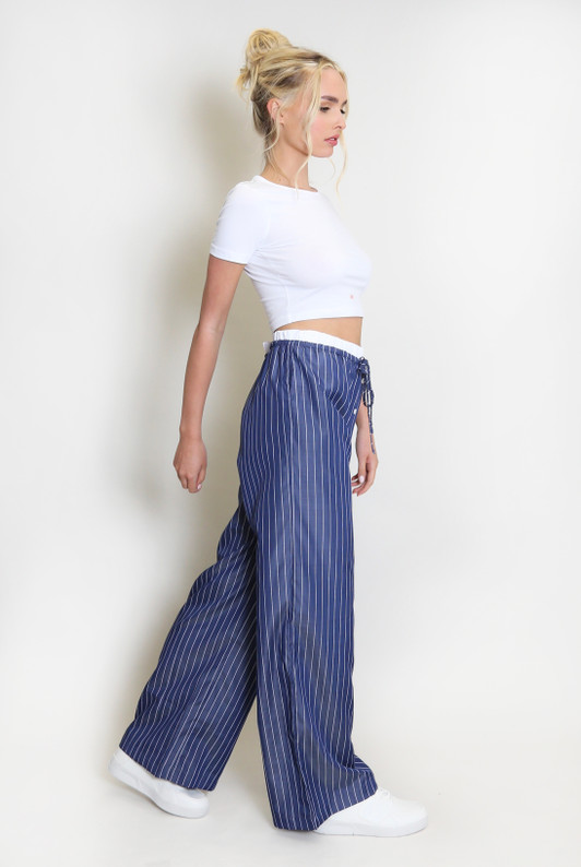 Navy Wide Leg Striped Trousers