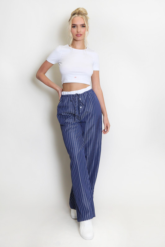 Navy Wide Leg Striped Trousers