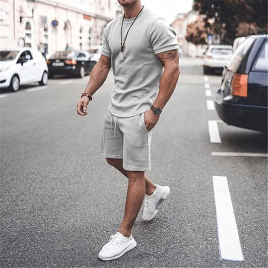 Grey Plain 2-Piece Crewneck T-shirt and Short Set