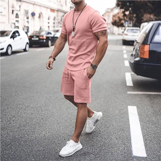 Pink Plain 2-Piece Crewneck T-shirt and Short Set