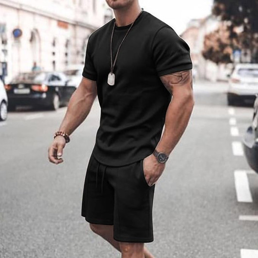 Black Plain 2-Piece Crewneck T-shirt and Short Set