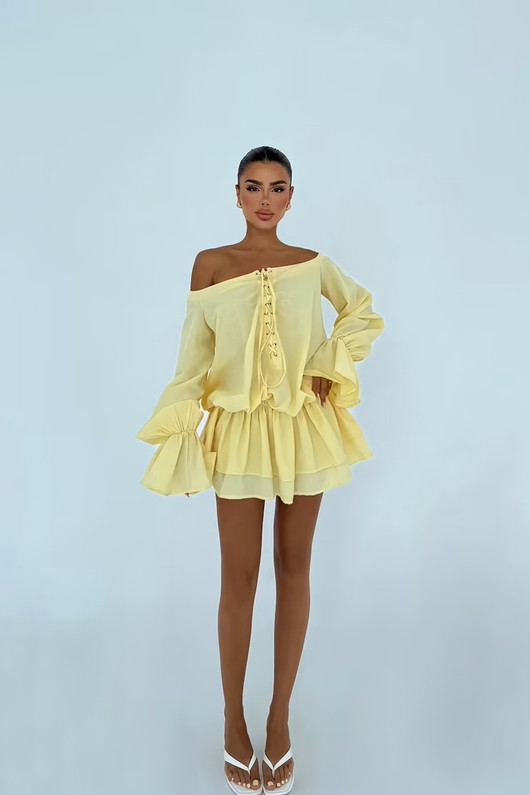 Yellow Babydoll Mini Dress With Bell Sleeves