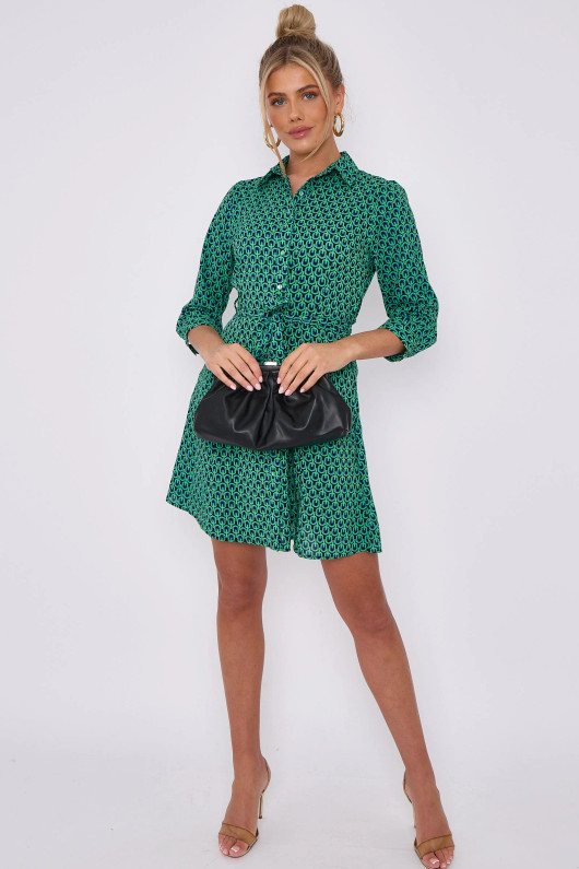 Green Geo Print Mini Shirt Dress