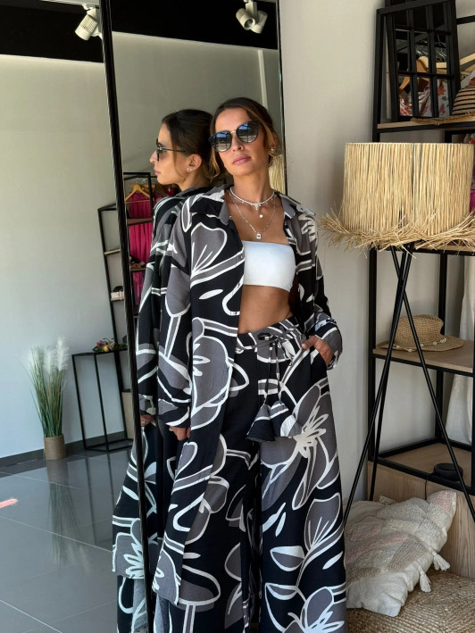 Bold Black Floral Long Shirt & Wide Leg Pants Co-Ord