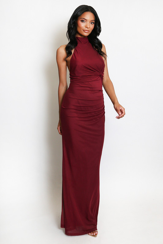 Ruched Halter Neck Maxi Dress