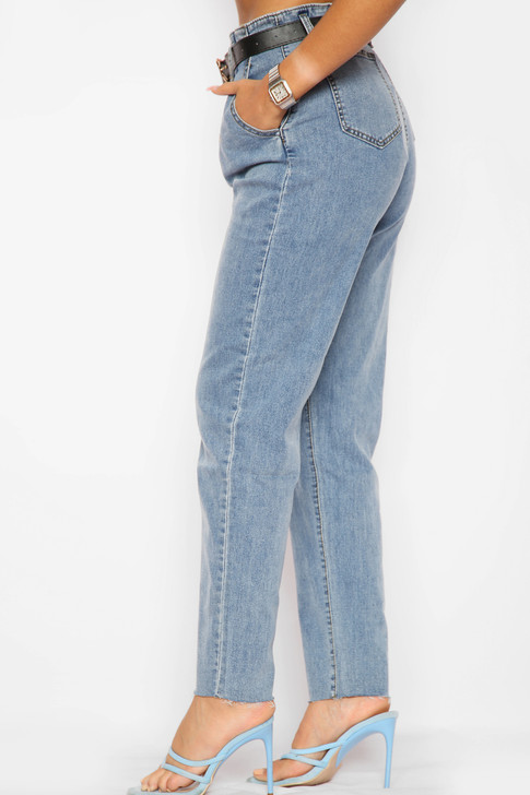 High Waisted Frayed Jeans - Denim Blue