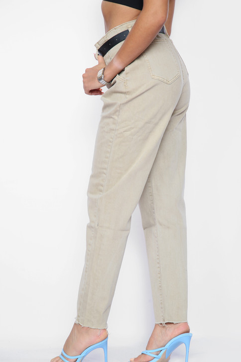 Beige High Waisted Frayed Jeans