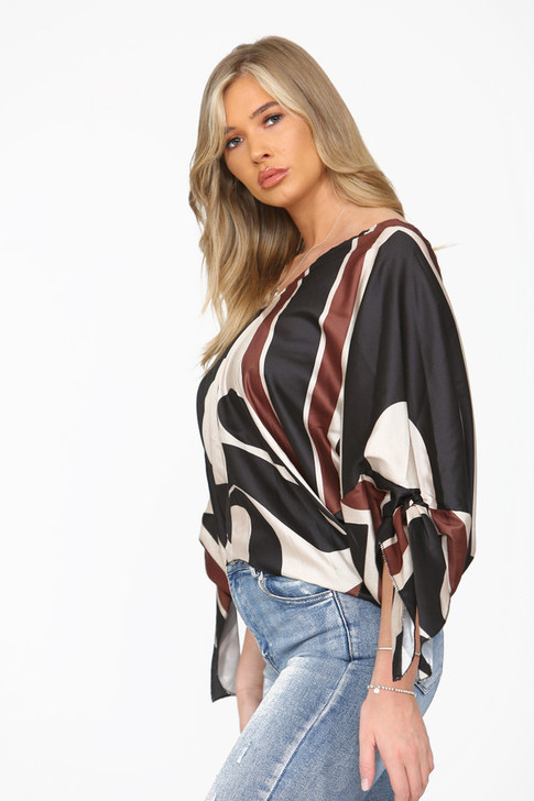 Beige Abstract Print Satin V-Neck Blouse