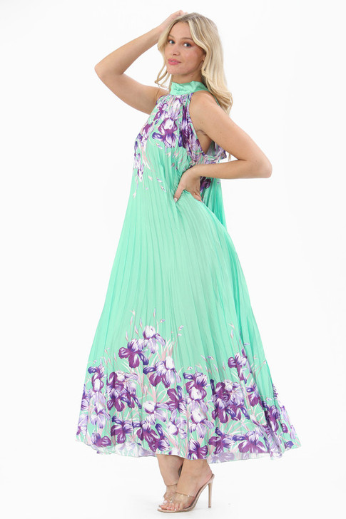 Halter Neck Satin Pleated Floral Maxi Dress