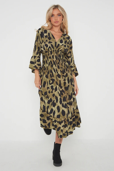 Khaki Animal Print Shirred Waist Midi Dress
