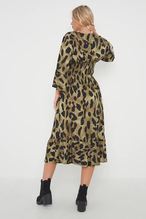 Khaki Animal Print Shirred Waist Midi Dress