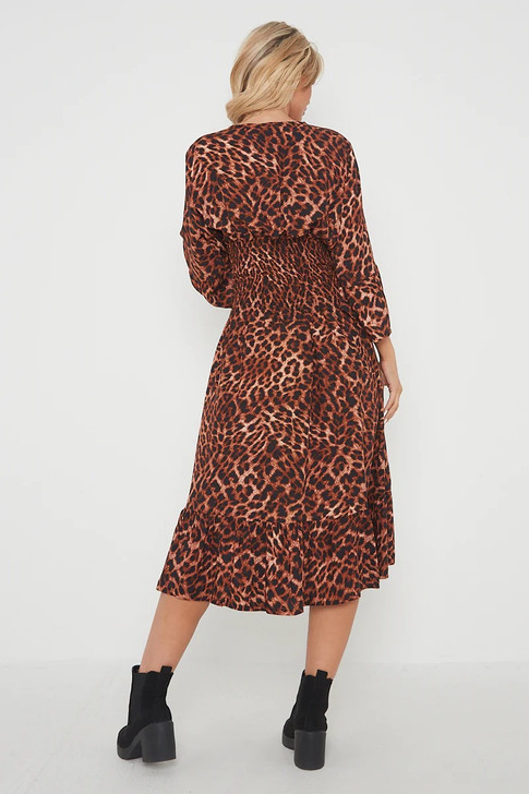 Brown Leopard Print Shirred Waist Dress