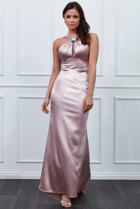 Satin Halter Neck Buckle Maxi Dress - Blush