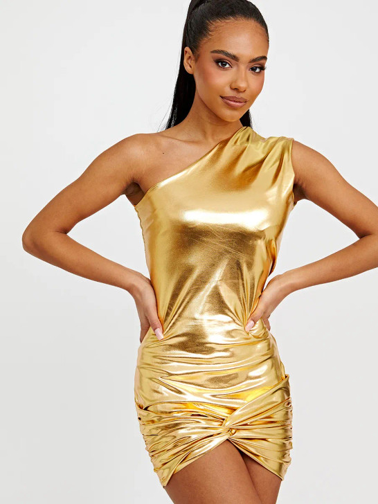 Gold Metallic Front Knot One Shoulder Dress