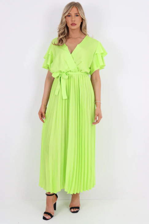 Satin Short Sleeve Frill Pleat Maxi Dress