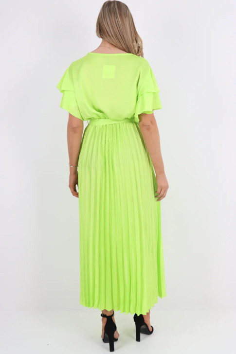 Satin Short Sleeve Frill Pleat Maxi Dress
