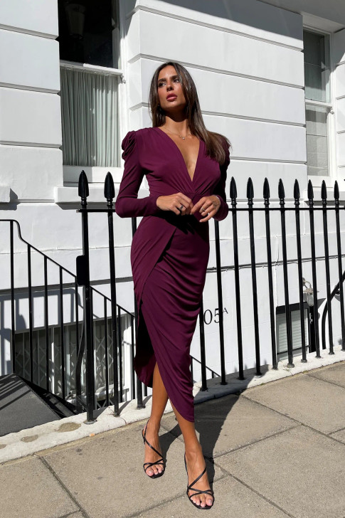 V- Neck Long Sleeve Midi Dress