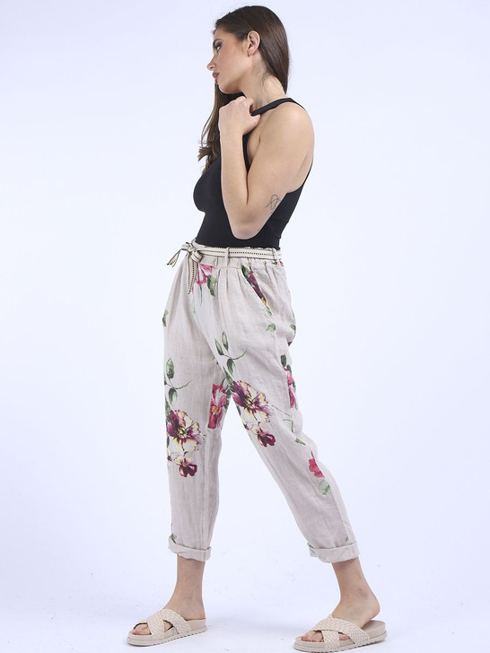 Beige Floral Print Linen Trouser