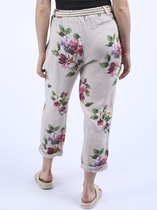 Beige Floral Print Linen Trouser