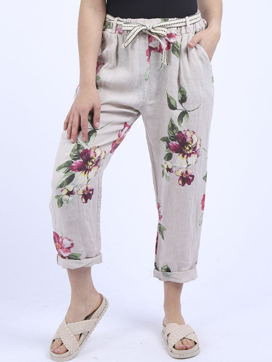 Beige Floral Print Linen Trouser