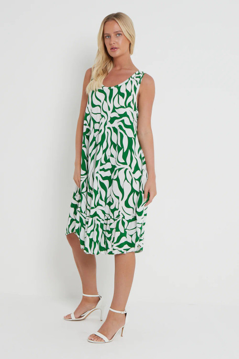 Sleeveless Green Leaf Print Dress