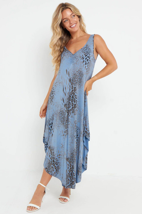 blue Sleeveless Animal Print Hanky Dress