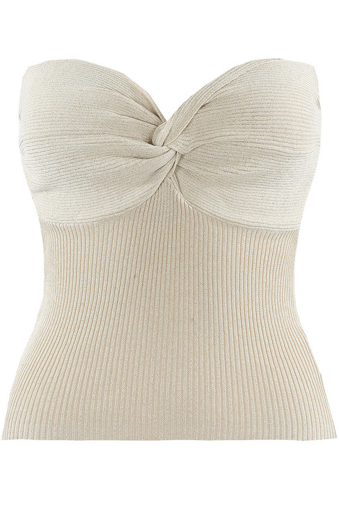 Beige Ribbed Twist Front Bandeau Crop Top