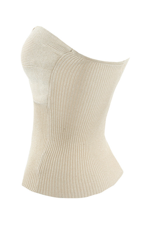 Beige Ribbed Twist Front Bandeau Crop Top