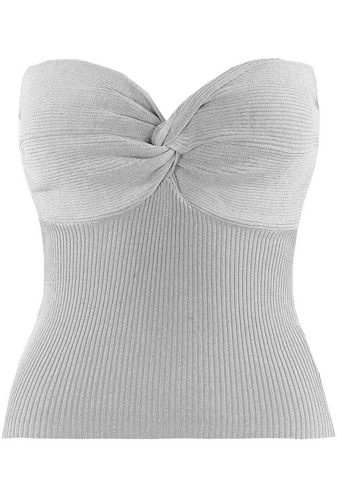 Grey Ribbed Twist Front Bandeau Crop Top