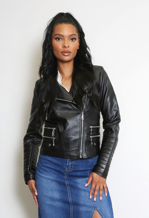 Women's Black PU Leather Biker Jacket