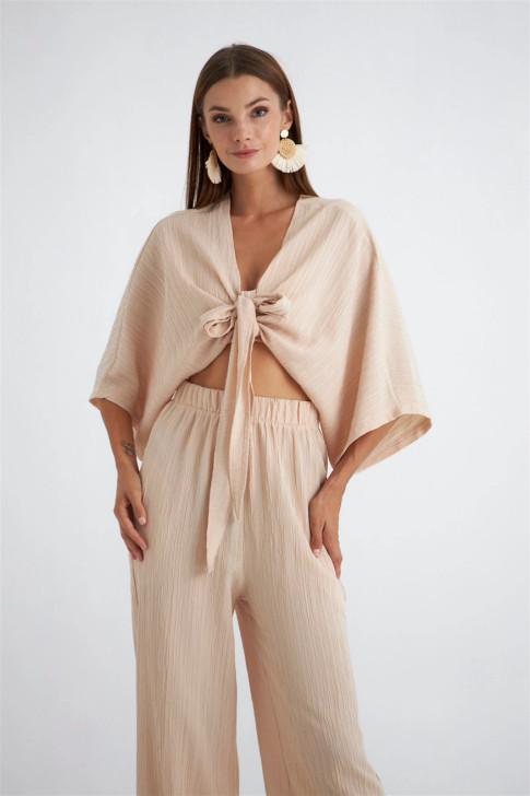 Beige Knot Blouse Co Ord