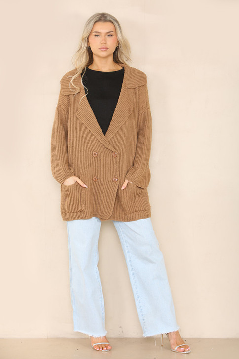 Oversized Double Breasted Cardigan - Camel