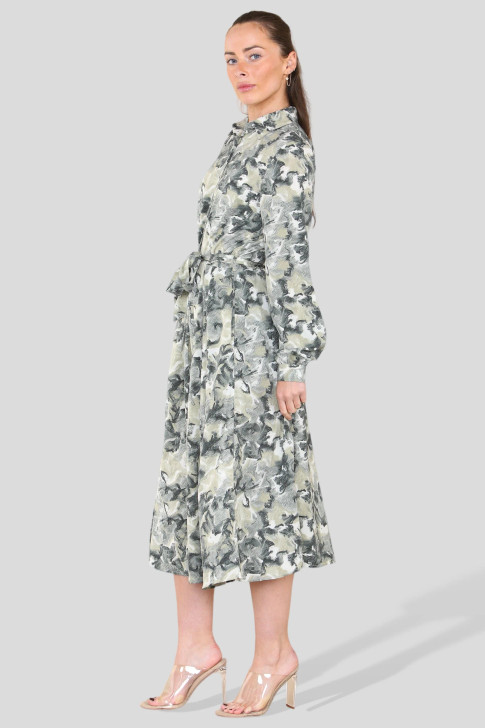 Floral Abstract Belted Midi Shirt Dress