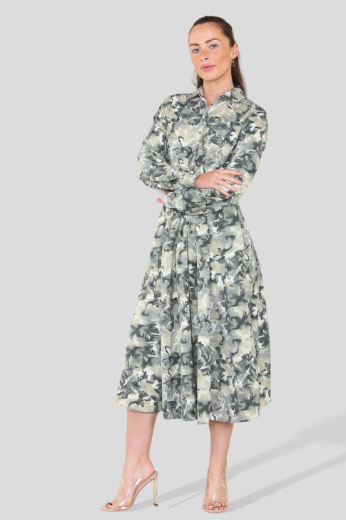 Floral Abstract Belted Midi Shirt Dress